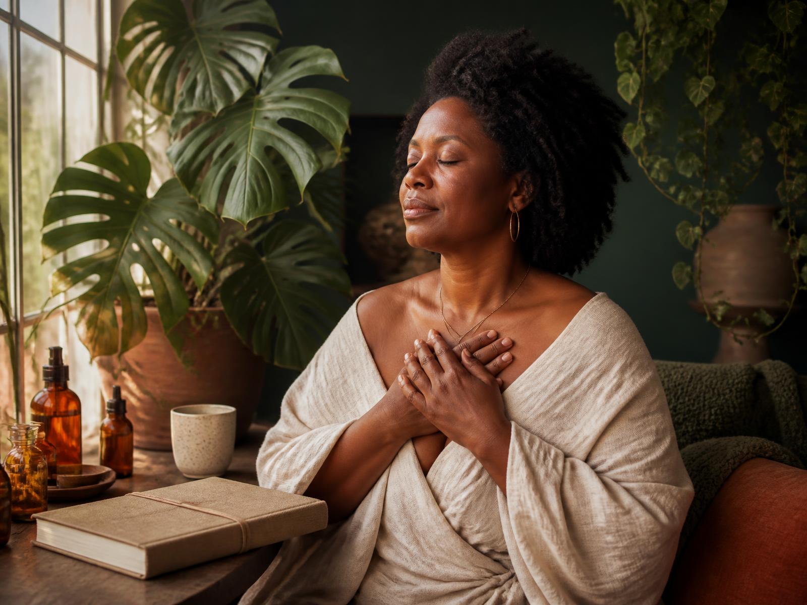 A Black woman resting her hands over her heart in warm morning light, surrounded by plants, oils and a journal